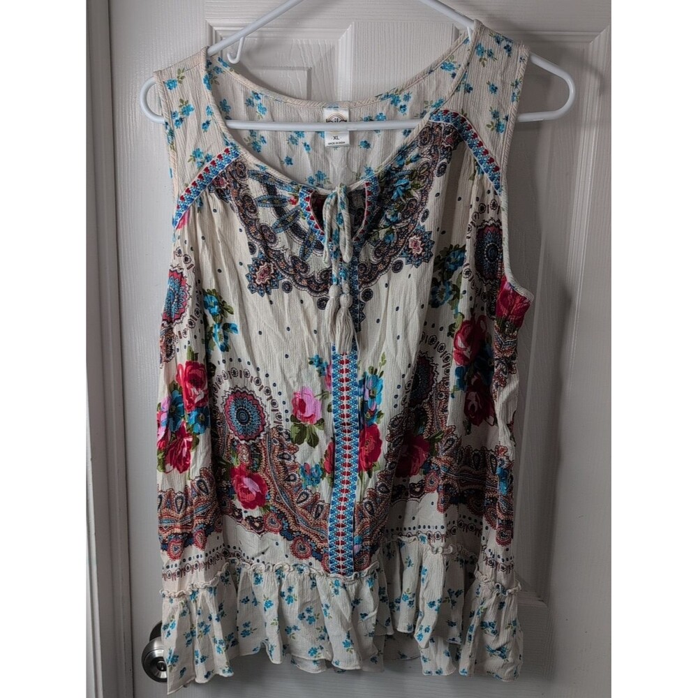 Bila Rayon Cream Floral Boho Tank Top with Pink & Teal Accents Size XL